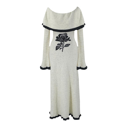 SYT自制 大圆领围脖花朵羊毛针织连衣裙女冬喇叭袖收腰A型修身裙