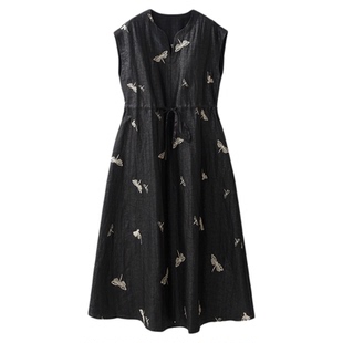 SILVIYE/溯也100%桑蚕丝刺绣真丝香云纱龟纹连衣裙系带收腰长裙女