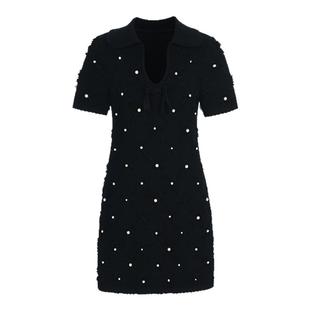 lefame拉飞姆时尚波嬉风V领钉珠绣花针织短袖连衣裙女