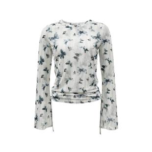 绫致Vero ModaT恤女2025夏新款高街潮流抽绳蝴蝶印花长袖薄纱上衣