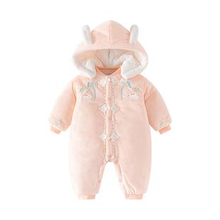 婴儿秋冬季夹棉保暖衣服女童宝宝新生连体衣小兔子公主风外出哈衣