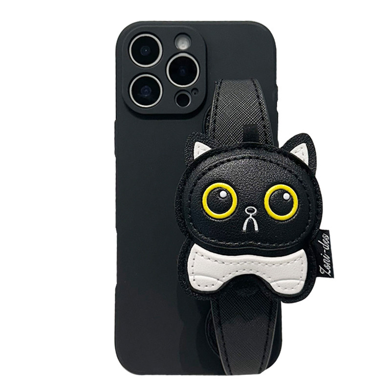 黑色Q版猫咪腕带手机壳斜跨支架