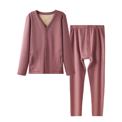 红豆中老年妈妈加绒加厚保暖内衣开衫款女士护膝女冬季可外穿套装