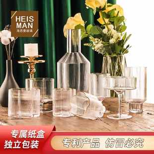 新品 欧式密棱玻璃杯竖楞酒杯条纹高脚冰激凌杯家用凉水壶ins可叠