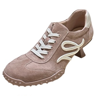 欧货2026春新款女鞋真皮细跟深口系带休闲运动高跟鞋时尚低跟单鞋