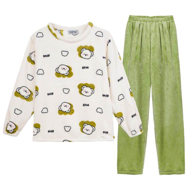 加厚秋冬法兰绒女士睡衣套装圆领