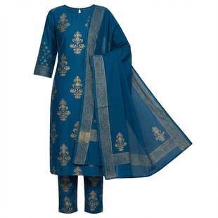 印度传统服饰丝混纺印花薄款成人气质日常异域风立领蓝色三件套