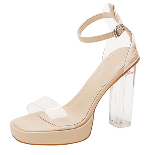 水晶跟透明高跟鞋12cm防水台粗跟厚底真皮凉鞋模特走秀鞋女不磨脚