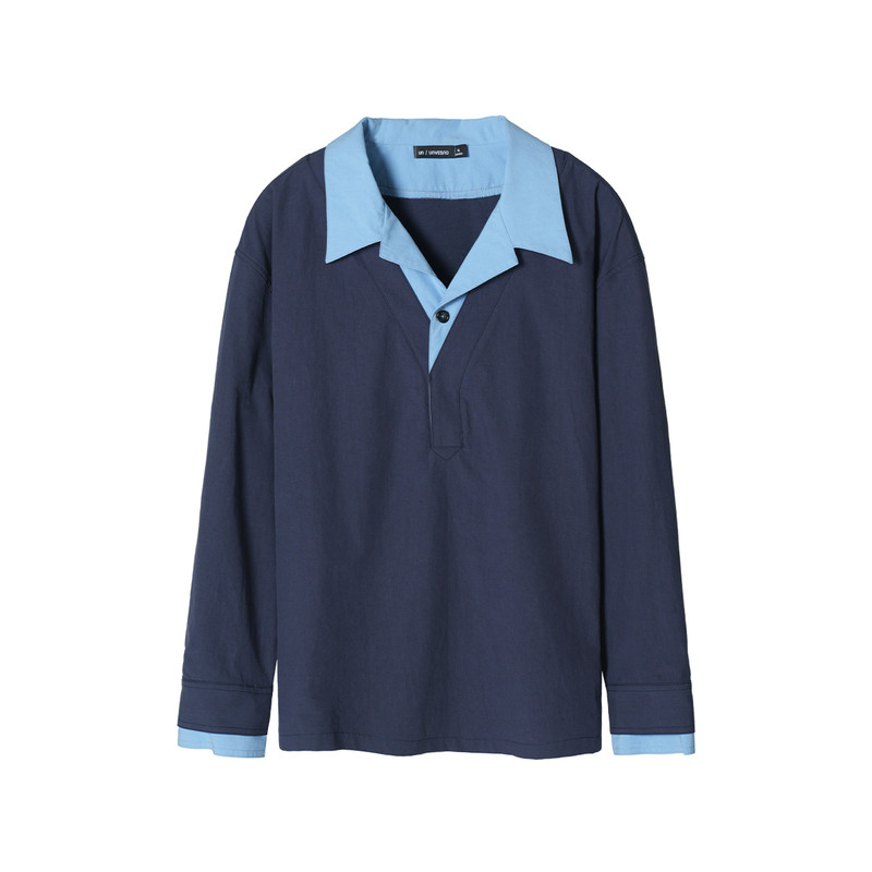 【蜜蜂服饰店】Unvesno(UN)莱赛尔棉混纺撞色假两件宽松衬衫