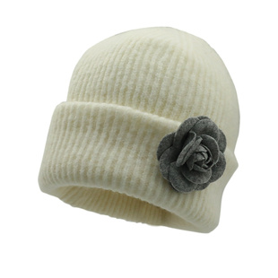原创款小香风花朵针织帽子女冬季含羊毛大头围保暖毛线帽防寒冷帽