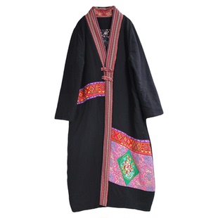 冬季棉麻新款民族风女装棉衣外套中长款绣花宽松大码棉服棉袍大衣