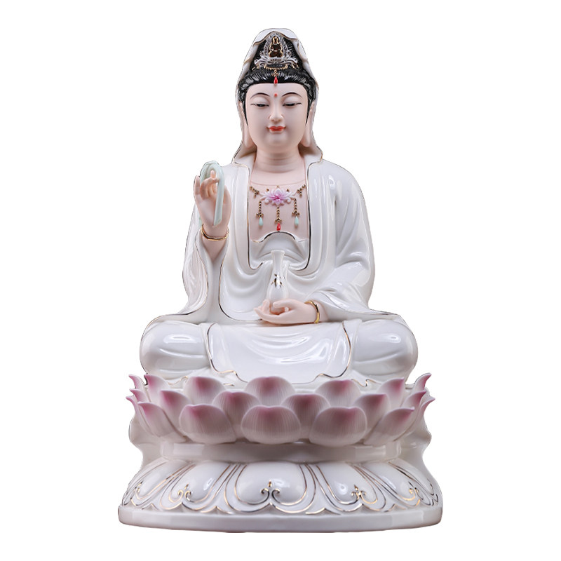 戴玉堂陶瓷摆件《正坐莲花观音描金彩》佛像供奉家用观世音菩萨像