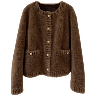 羊羔毛2025冬季新款纯羊毛皮草外套小香风圆领长袖宽松短款轻奢女