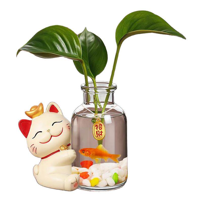 卡通招财猫家居办公桌装饰品摆件茶桌水培器皿植物花瓶插花小摆设
