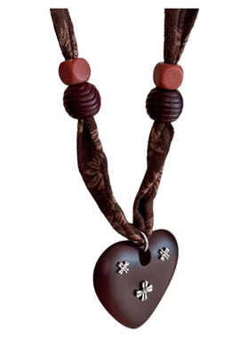 复古咖色碎花爱心吊坠丝巾项链