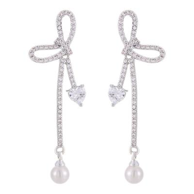 银色满钻蝴蝶结珍珠耳坠耳环精致