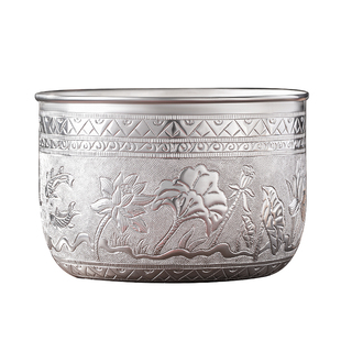 999纯银荷塘月色银钵足银纯手工精制钵盂银汤碗茶洗摆件收藏送礼