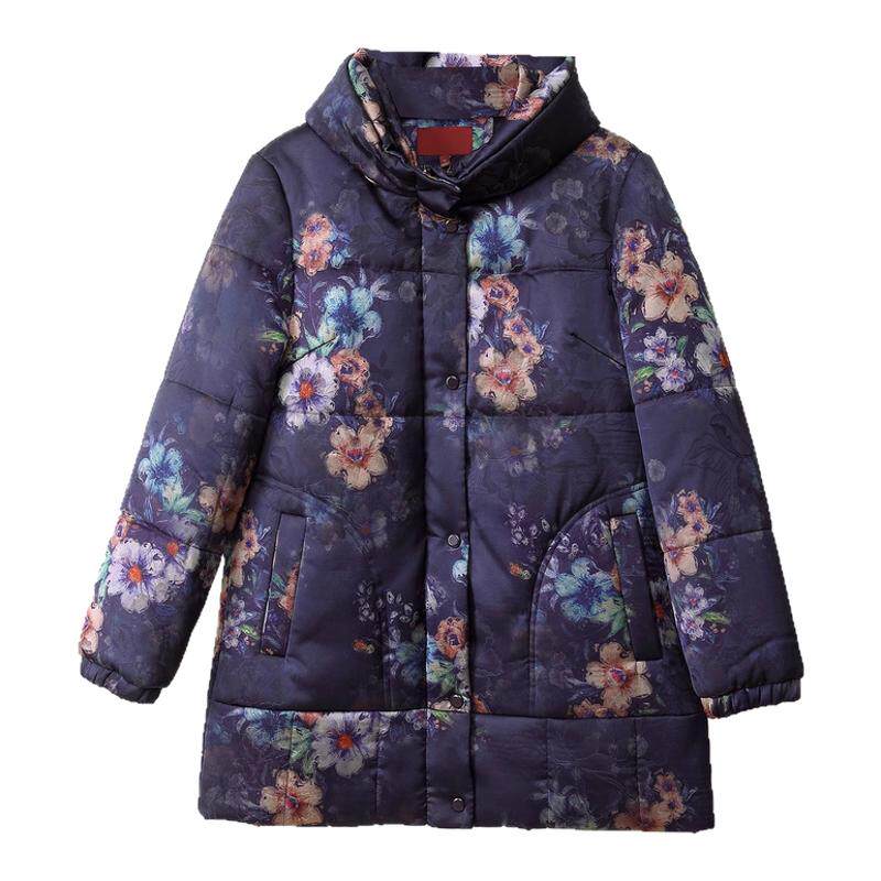 泰格女装旗下品牌美迪菲仿真丝印花中长款棉服加大码中年女装棉衣