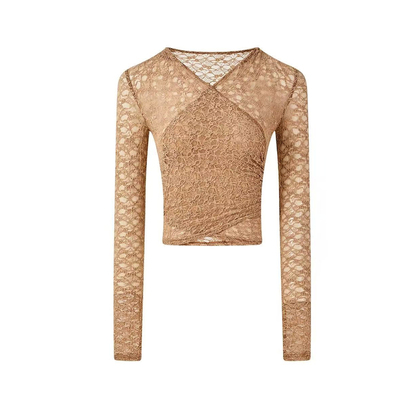 镂空透视修身长袖蕾丝衫T恤女