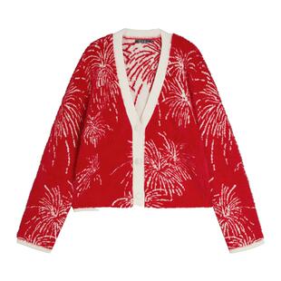 【XUZHI】ELLE100%绵羊毛撞色毛衣开衫女2025秋季新款休闲V领上衣