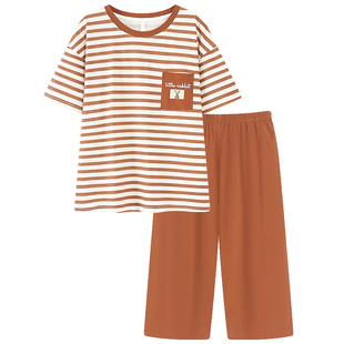 芬腾可安2026年新款睡衣女夏季纯棉短袖七分裤条纹休闲大码家居服