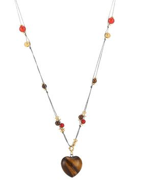 珞石波西米亚虎眼石爱心毛衣链女