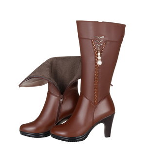 冬季真皮羊毛长筒靴子高跟中筒靴及膝靴粗跟皮棉靴高筒马靴女鞋子