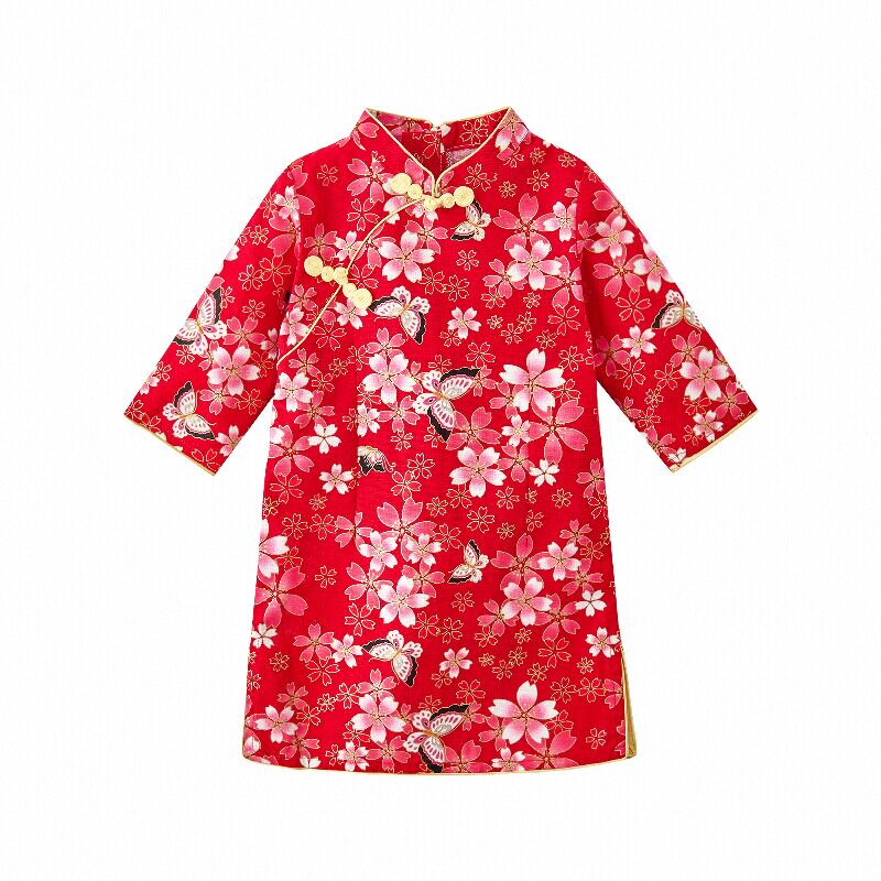 春秋季儿童唐装女童旗袍拜年服红色裙复古薄款中国风宝宝女孩古装