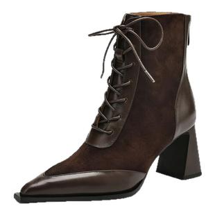 巨好看~真皮羊翻皮短靴女单靴前系带交叉绑带尖头粗高跟拼色百搭