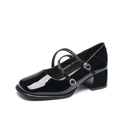 大东玛丽珍鞋女鞋2026春季新款优雅粗跟高跟一字扣方头饰扣C0025