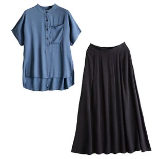 胖mm遮肚裙子套装夏 显瘦遮肉天丝衬衫女莱赛尔半身裙微胖两件套