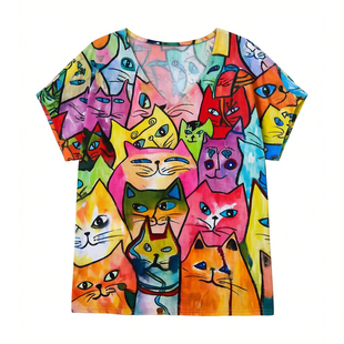 V-neck casual loose print T-shirt women V领休闲宽松印花T恤女