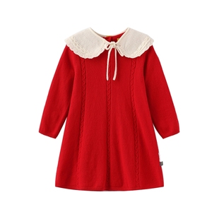 【新年】moimoln小云朵童装25年春女童连衣裙红色裙子毛衣裙