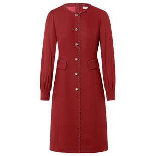 【100羊毛】卡迪黛尔通勤香风气质红色长袖连衣裙女春季打扮裙子