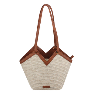 2025新款手工编织草编包包女大容量撞色通勤托特包沙滩度假单肩包