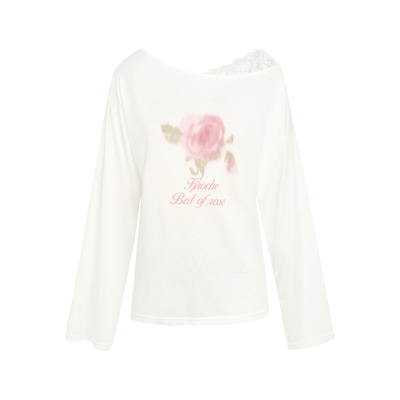 莱赛尔玫瑰印花斜肩蕾丝T恤罩衫