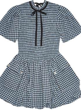 【惊喜首降】GANNI女装 泡泡纱格纹泡泡袖连衣裙蓬蓬裙 W0743326