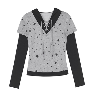 SagiDolls少女斗志休闲甜酷灰黑星星假两件连帽T恤小众上衣百搭秋