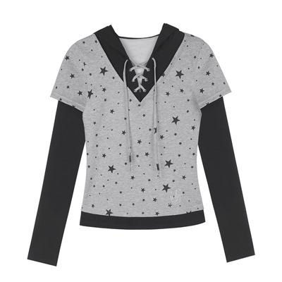 SagiDolls少女斗志休闲甜酷灰黑星星假两件连帽T恤小众上衣百搭秋