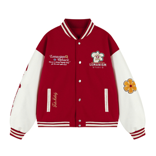 lemanism毛巾绣花朵刺红色呢子棒球服外套男2025秋季情侣撞色夹克