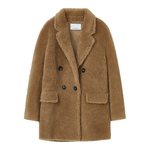 LANCY/朗姿2025冬新款羊毛驼毛时尚双排扣颗粒毛呢大衣翻领外套女