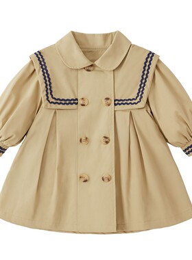 女童风衣外套小童秋冬法式双排扣衣服宝宝纯色冬装潮儿童加绒上衣