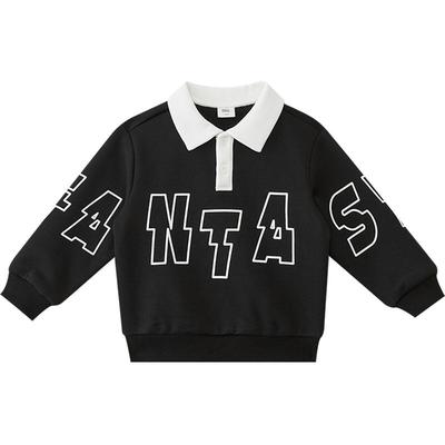 moomoo童装男童翻领加绒卫衣大字母印花学院文艺上衣舒适面料新款