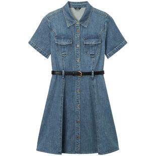 热风牛仔连衣裙2026年夏季新款女士收腰连衣裙美式复古修身衬衫裙