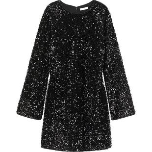 HM女装连衣裙冬季时尚晚派对圆领长袖亮片连衣裙1204941