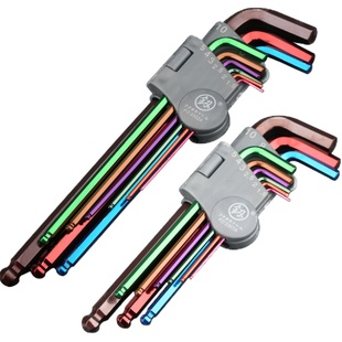 日本福冈工具彩色加长内六角扳手套装圆头T型6角螺丝刀公制英制