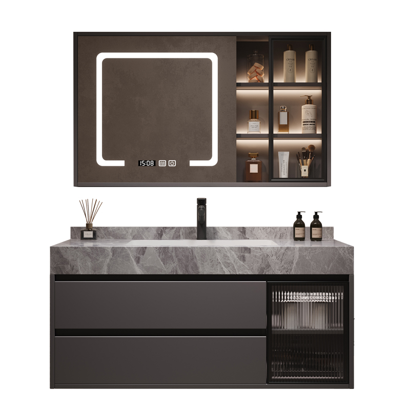 新款轻奢浴室柜组合岩板无缝陶瓷一体盆洗漱台卫生间厕所洗手脸池