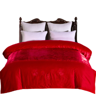 结婚大红被罩单件 婚庆双人全棉绣花提花丝绵蕾丝贡缎提花被套
