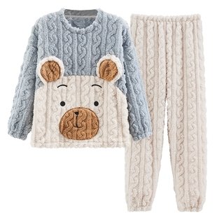 秋冬季男士法兰绒睡衣套装保暖加绒加厚家居服珊瑚绒春天可外穿