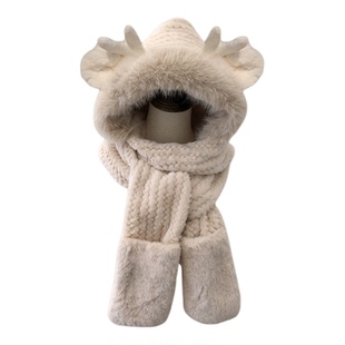 帽子围巾一体帽女2025秋冬季可爱围巾手套连帽加绒保暖围脖三件套